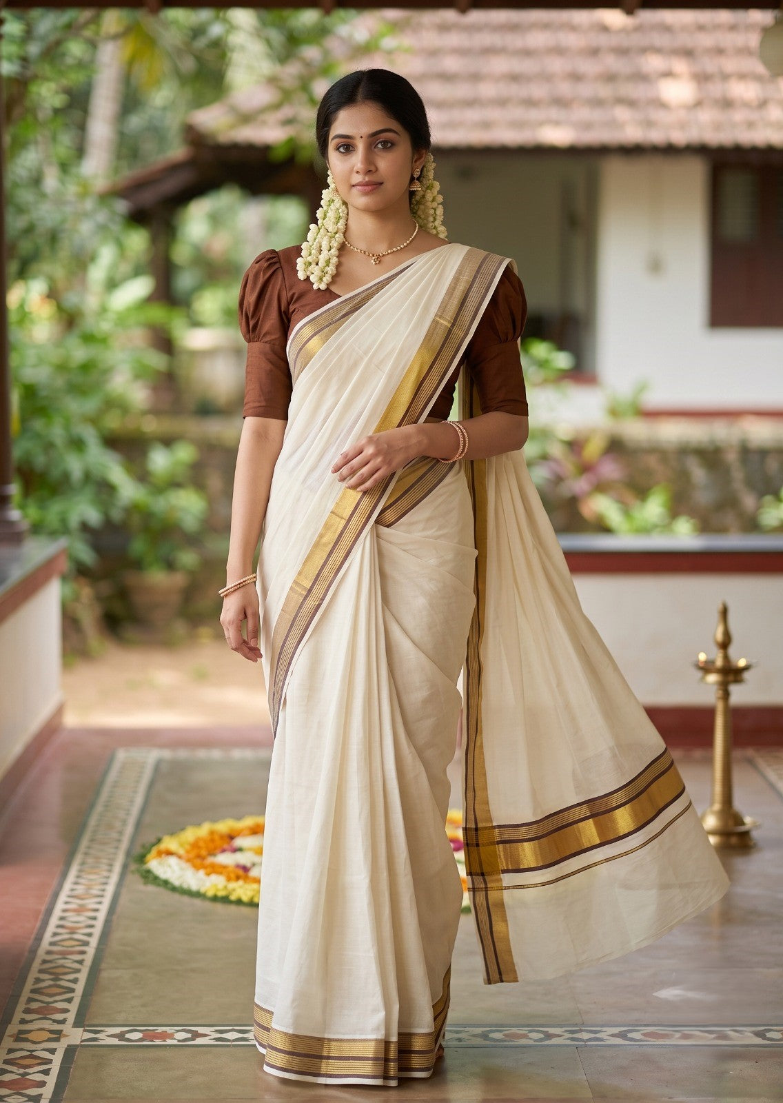 Kerala Pure Cotton Plain Saree with Kasavu and Brown Border