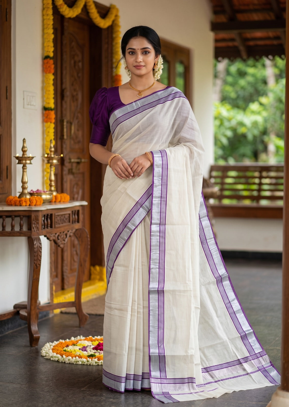 Southloom Kerala Pure Cotton Plain Saree with Silver Kasavu and Purple Line Border SLKK