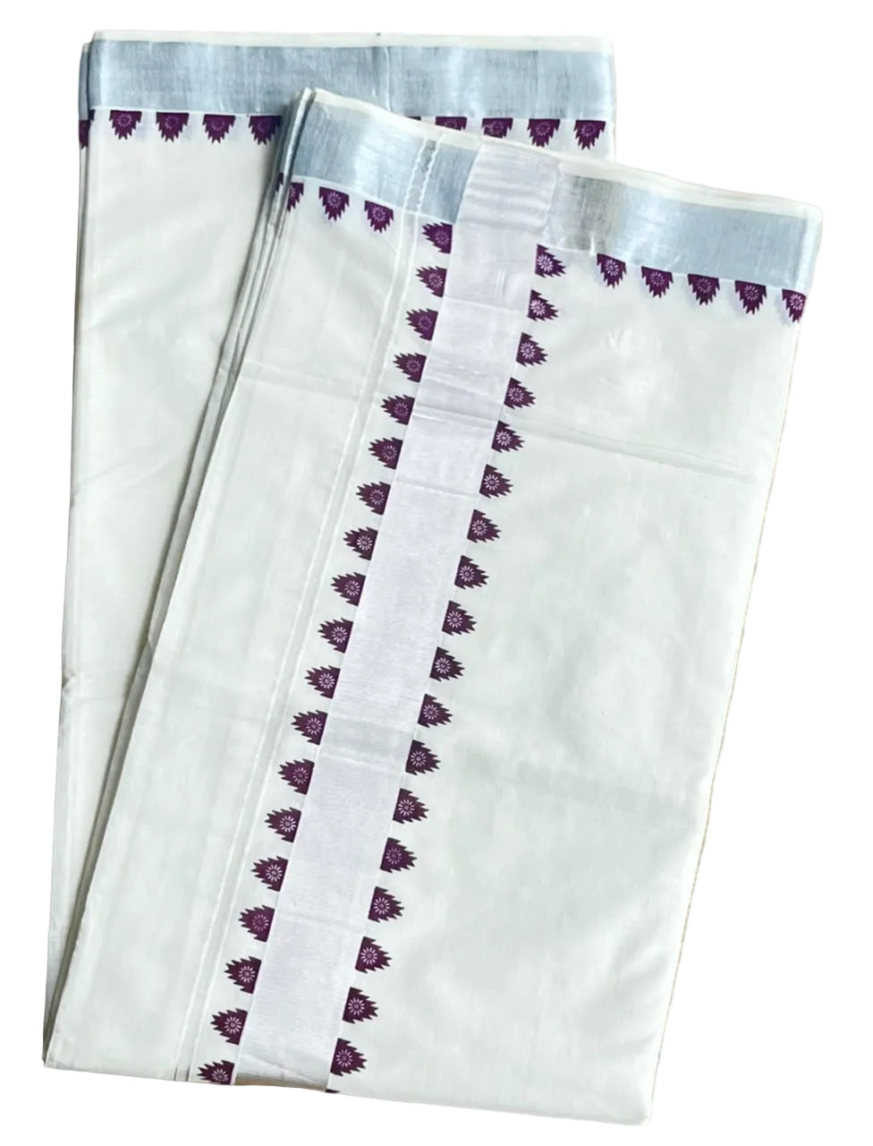 Kerala Cotton Purple Temple Border With Silver Ksavu Saree SL544