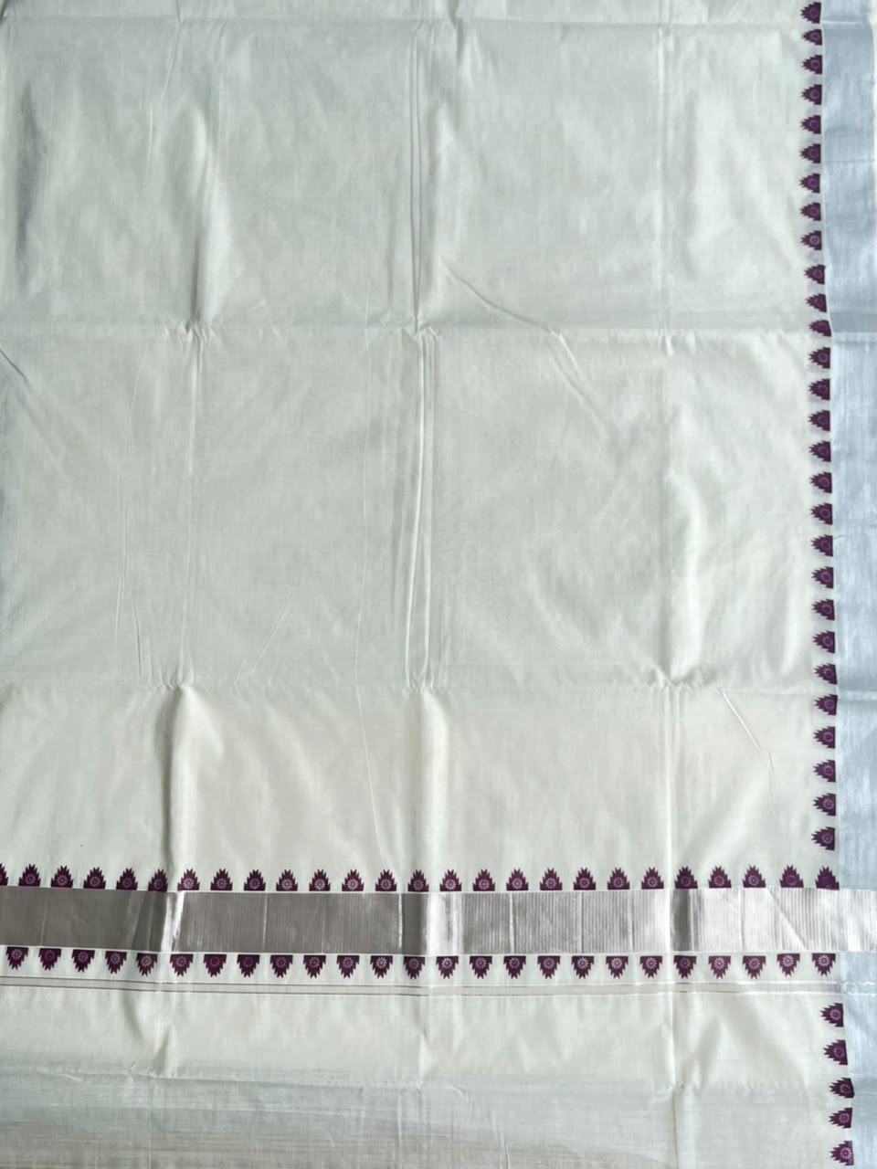 Kerala Cotton Purple Temple Border With Silver Ksavu Saree SL544