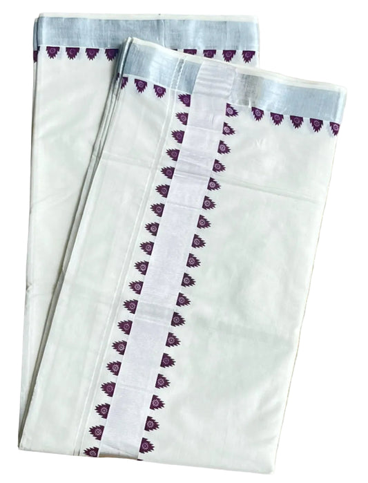 Kerala Cotton Purple Temple Border With Silver Ksavu Saree SL544