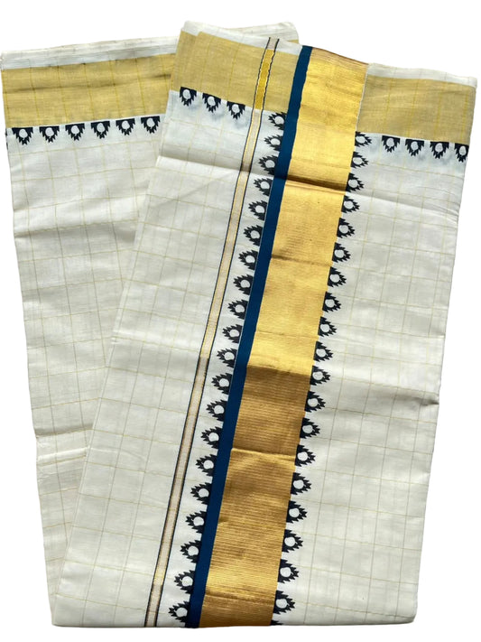 Kerala Cotton Check Saree With Temple Design And Golden Kasavu SL545
