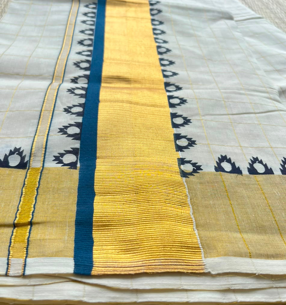 Kerala Cotton Check Saree With Temple Design And Golden Kasavu  SL545