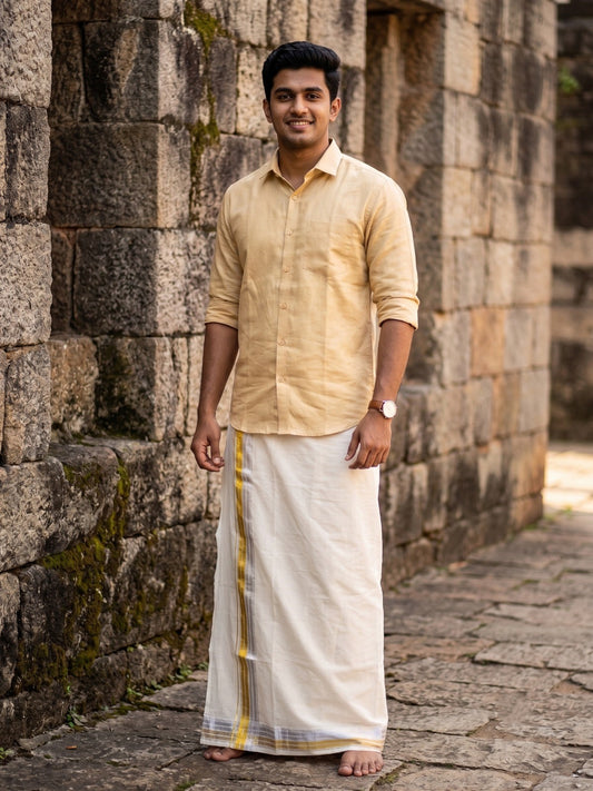 Southloom Kerala Pure Cotton Double Mundu with Silver & Gold Line Border (South Indian Dhoti)