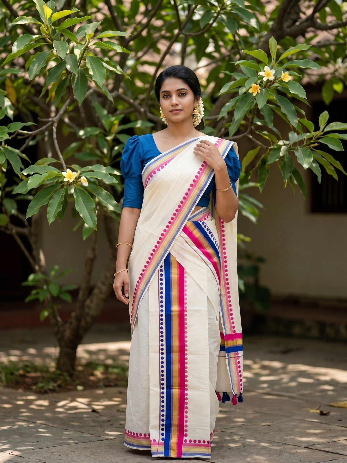 Southloom Kerala Cotton Kasavu Single Set Mundu (Mundum Neriyathum) with pink and Blue Border With Polka Dots SLKK