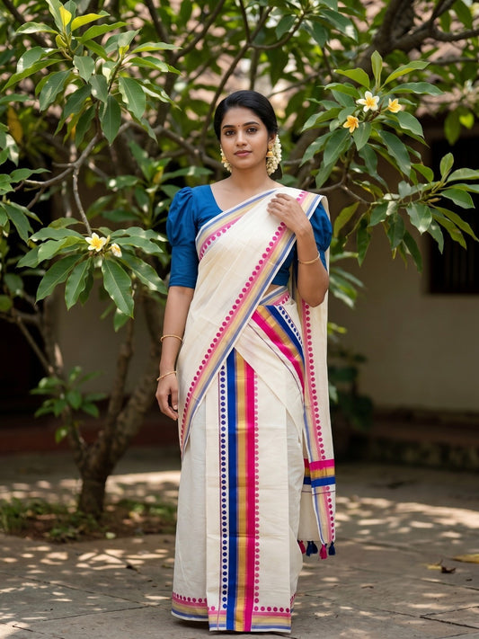 Southloom Kerala Cotton Kasavu Single Set Mundu (Mundum Neriyathum) with pink and Blue Border With Polka Dots SLKK