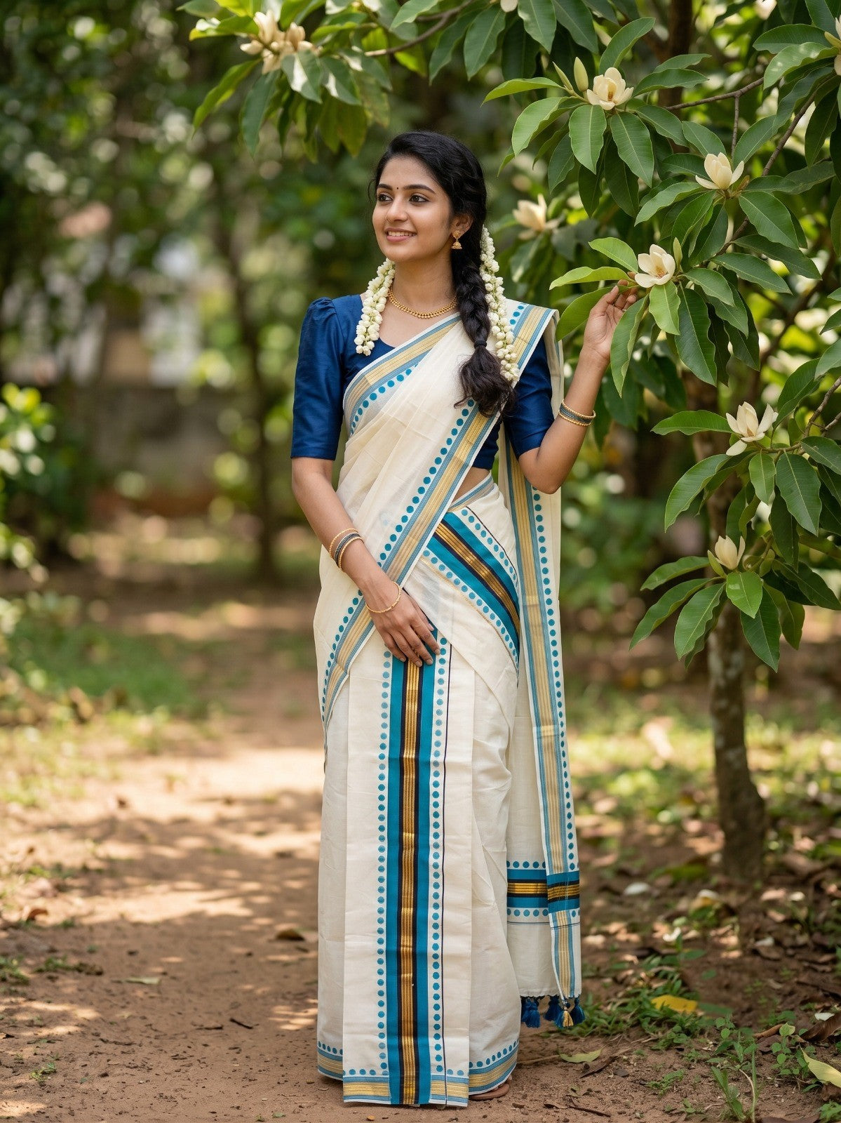 Southloom Kerala Cotton Kasavu Single Set Mundu (Mundum Neriyathum) with Blue Border With Polka Dots SLKK