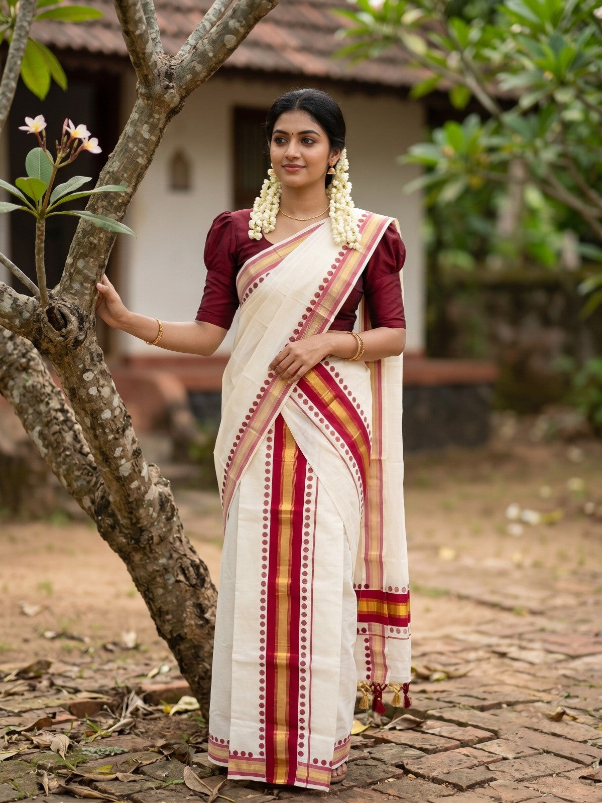 Southloom Kerala Cotton Kasavu Single Set Mundu (Mundum Neriyathum) with Maroon Border With Polka Dots SLKK