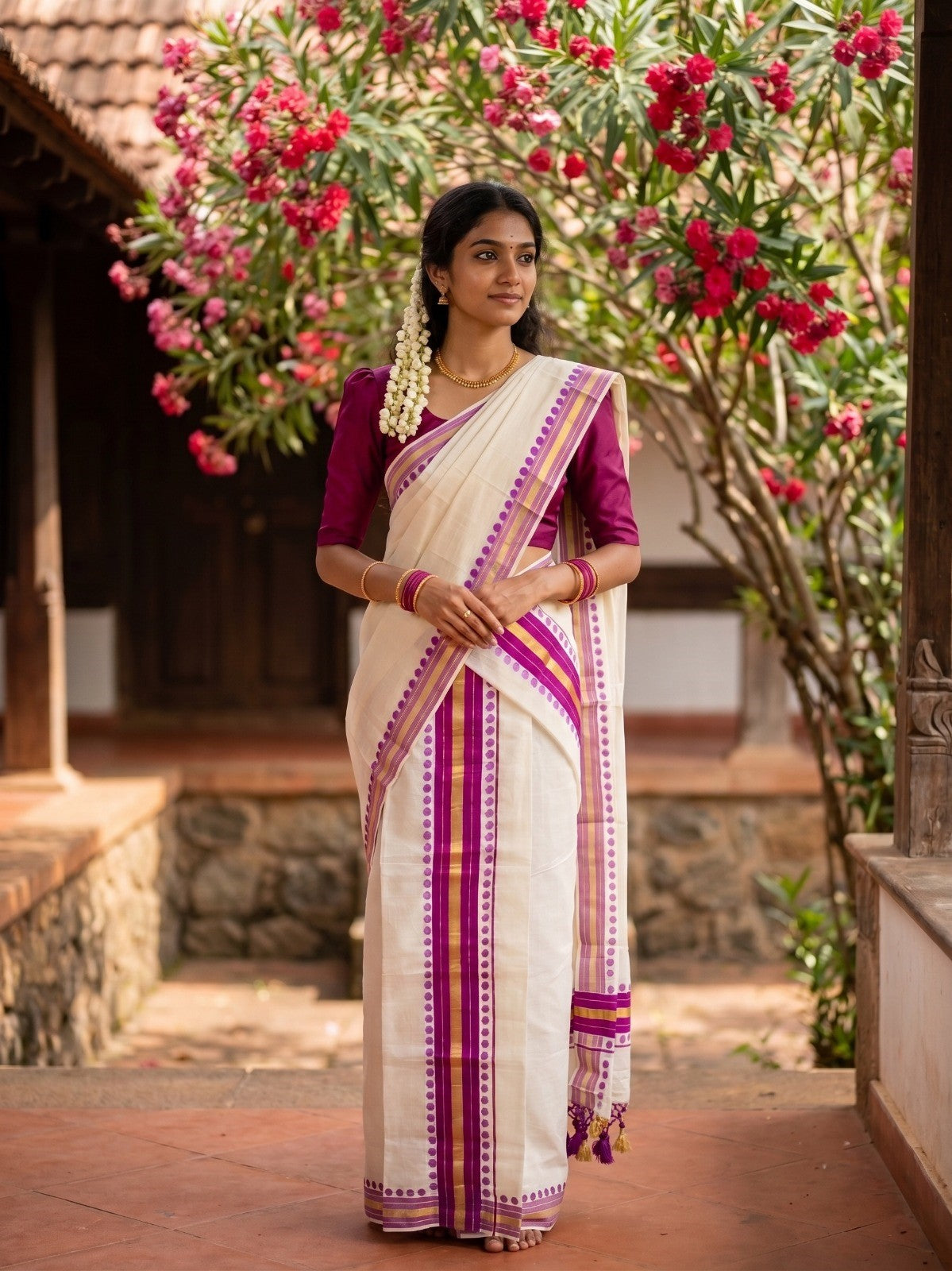 Southloom Kerala Cotton Kasavu Single Set Mundu (Mundum Neriyathum) with Magenta Border With Polka Dots SLKK
