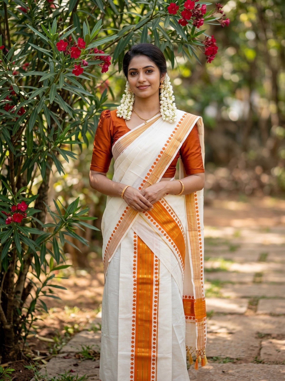 Southloom Kerala Cotton Kasavu Single Set Mundu (Mundum Neriyathum) with Orange Border With Polka Dots SLKK