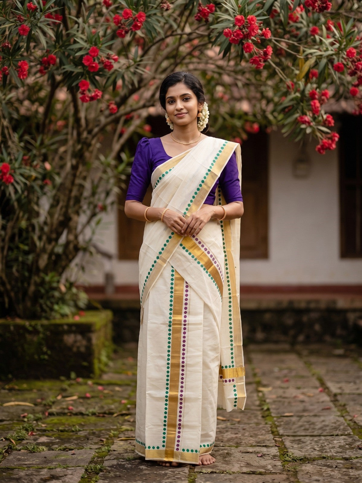 Southloom Kerala Cotton Kasavu Single Set Mundu (Mundum Neriyathum) with Purple And Green Polka Dots Border SLKK