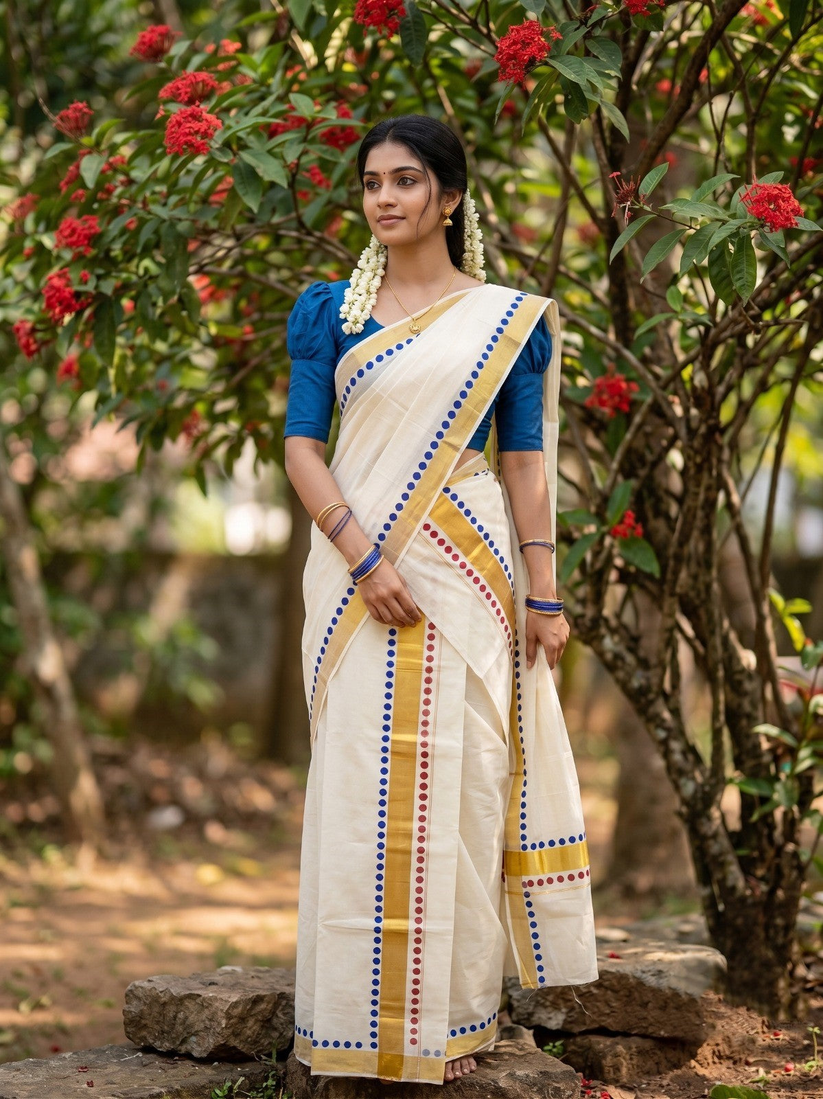 Southloom Kerala Cotton Kasavu Single Set Mundu (Mundum Neriyathum) with Maroon And Blue Polka Dots Border SLKK