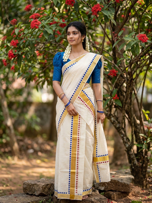Southloom Kerala Cotton Kasavu Single Set Mundu (Mundum Neriyathum) with Maroon And Blue Polka Dots Border SLKK