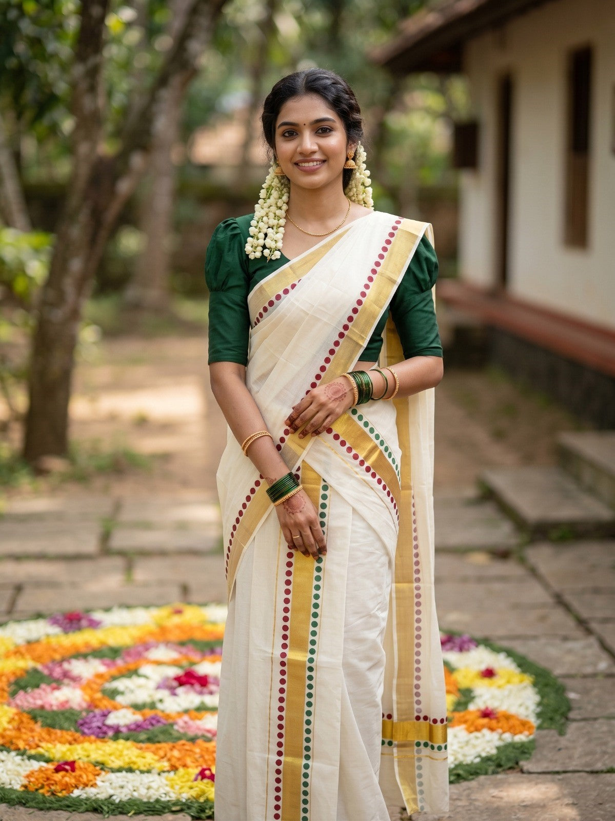 Southloom Kerala Cotton Kasavu Single Set Mundu (Mundum Neriyathum) with Maroon And Green Polka Dots Border SLKK
