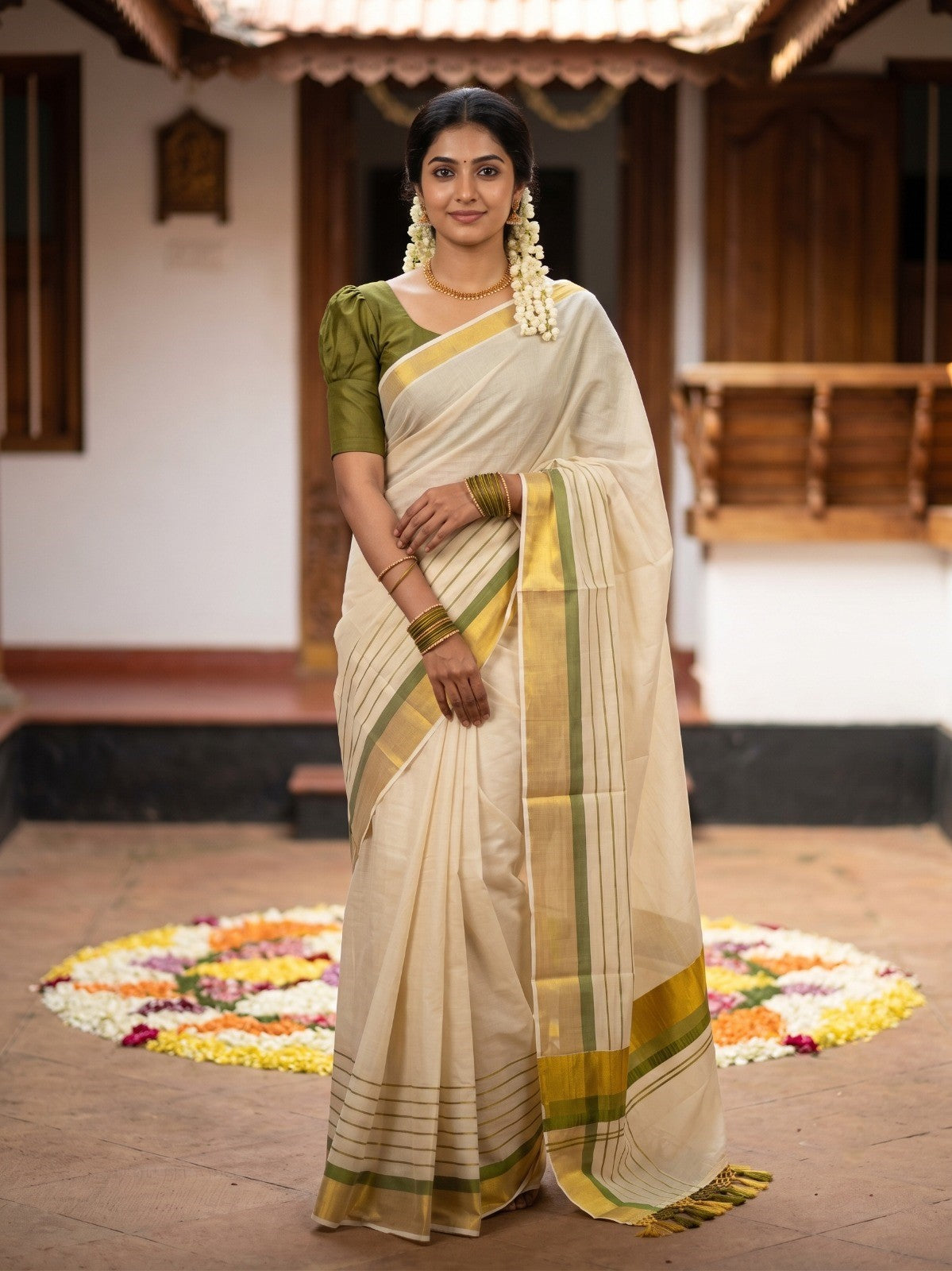 Southloom Kerala Tissue  Kasavu Saree with Stripes on Body with Olive Green Borders