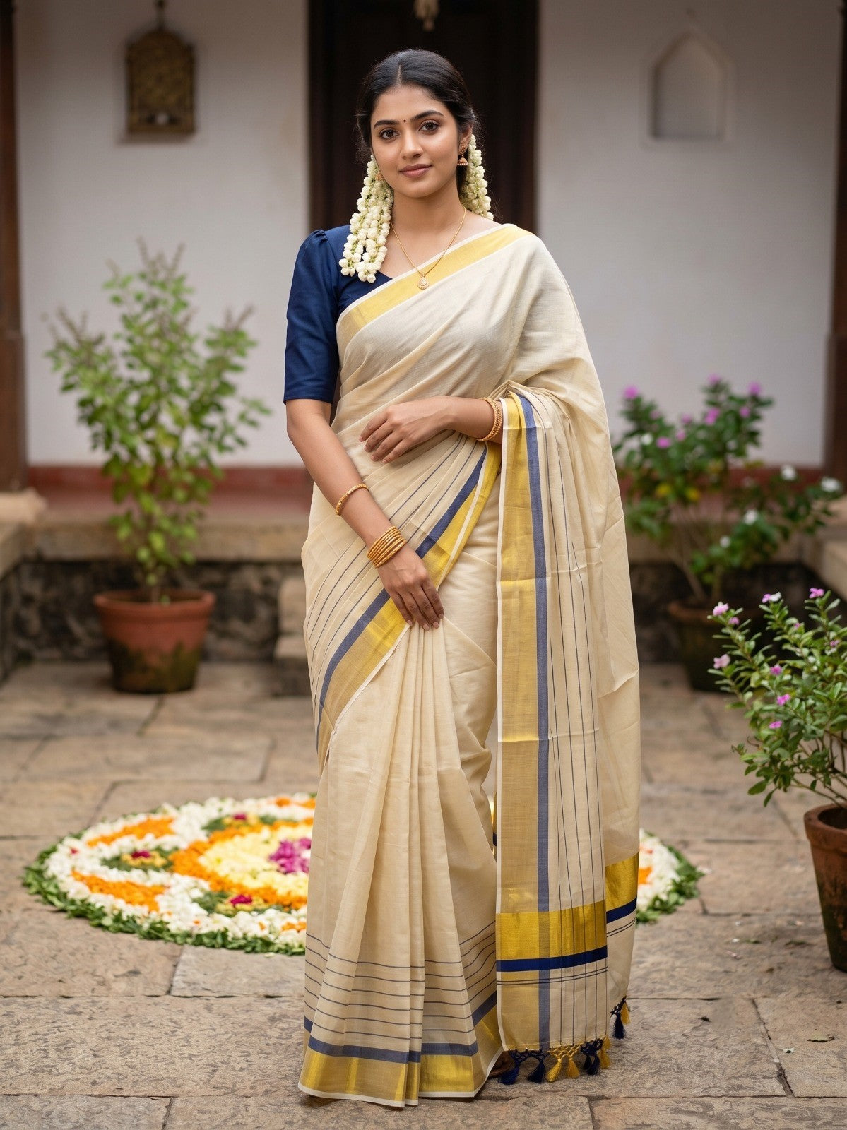Southloom Kerala Tissue  Kasavu Saree with Stripes on Body with Blue Borders