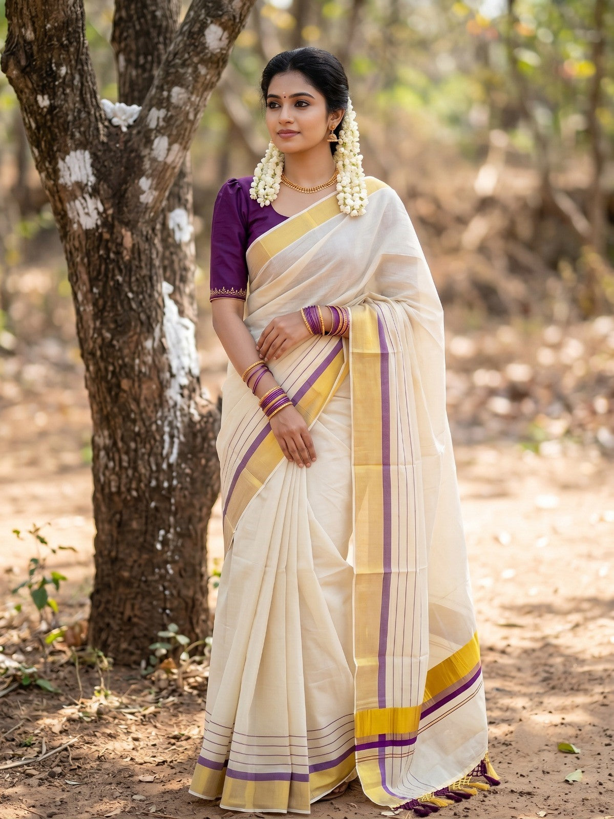 Southloom Kerala Tissue  Kasavu Saree with Stripes on Body with Purple Borders