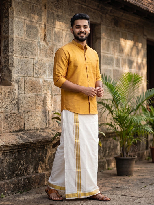 Pure Cotton Off White Double Mundu with Silver and Gold Kasavu Lines Kara (South Indian Kerala Dhoti)