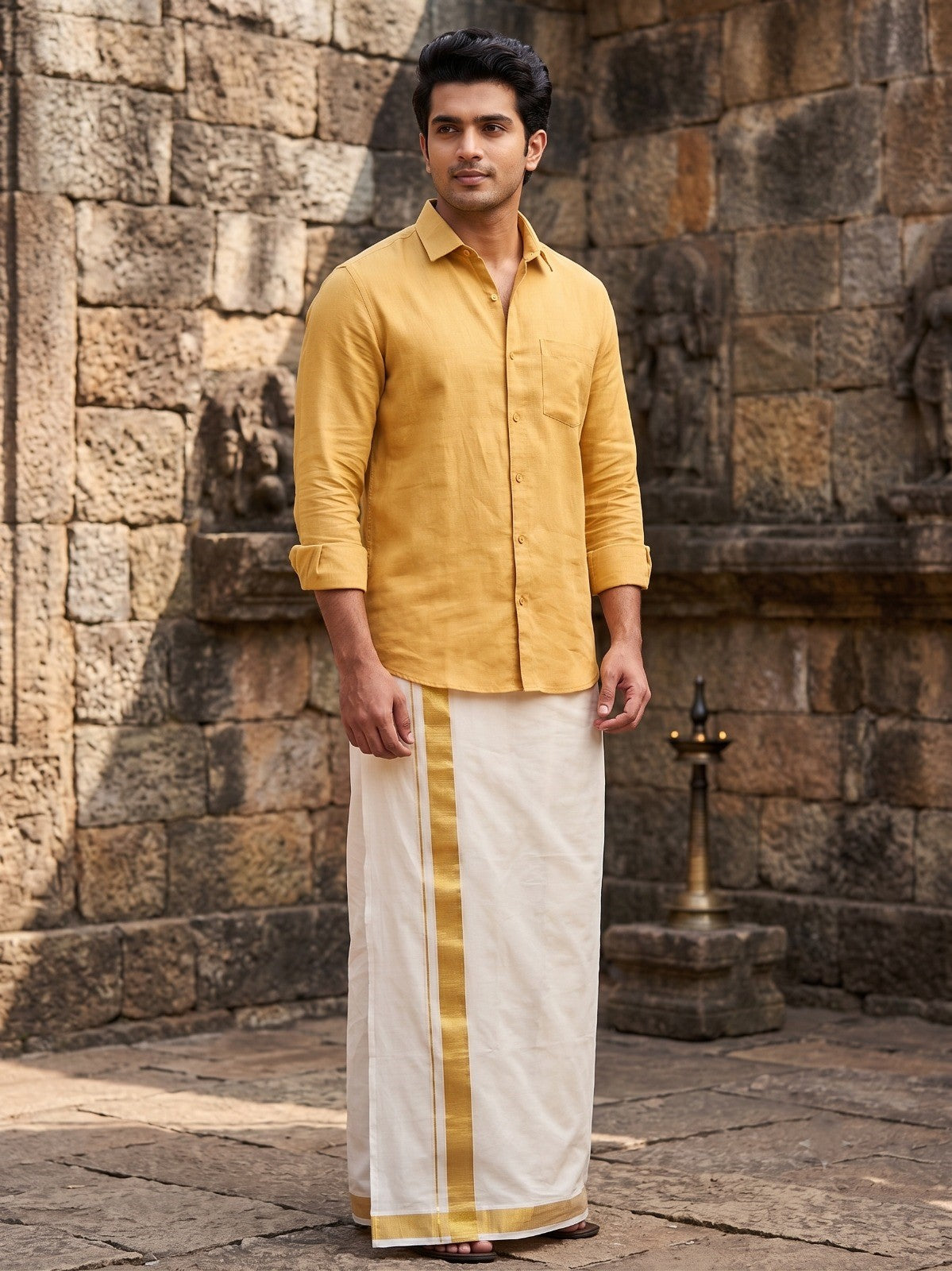 Southloom Kerala Pure Cotton Double Mundu with Gold Kasavu And Silver Line Border (South Indian Dhoti)