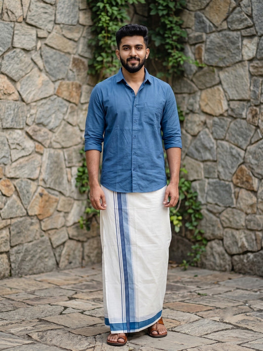 Southloom Pure Cotton Mundu with Blue Border (South Indian Kerala Dhoti)