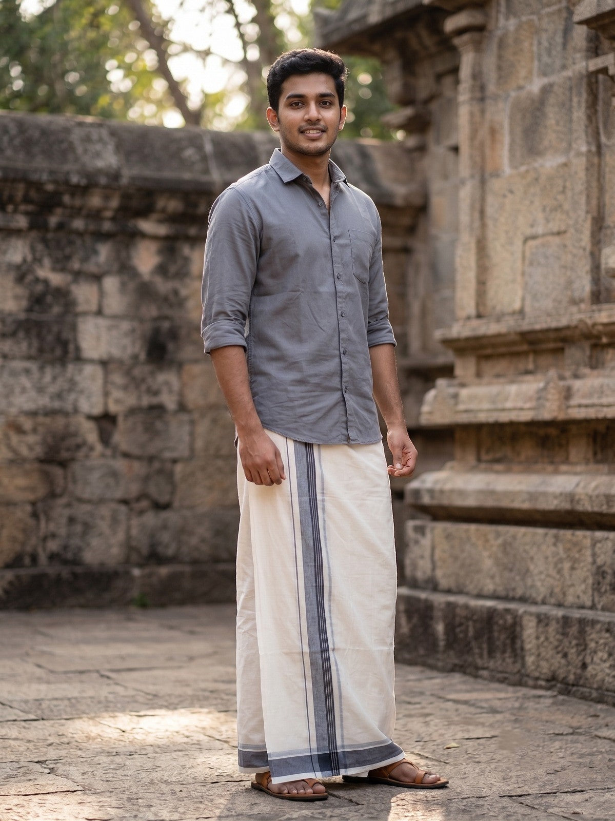 Southloom Pure Cotton Mundu with Grey Border (South Indian Kerala Dhoti)