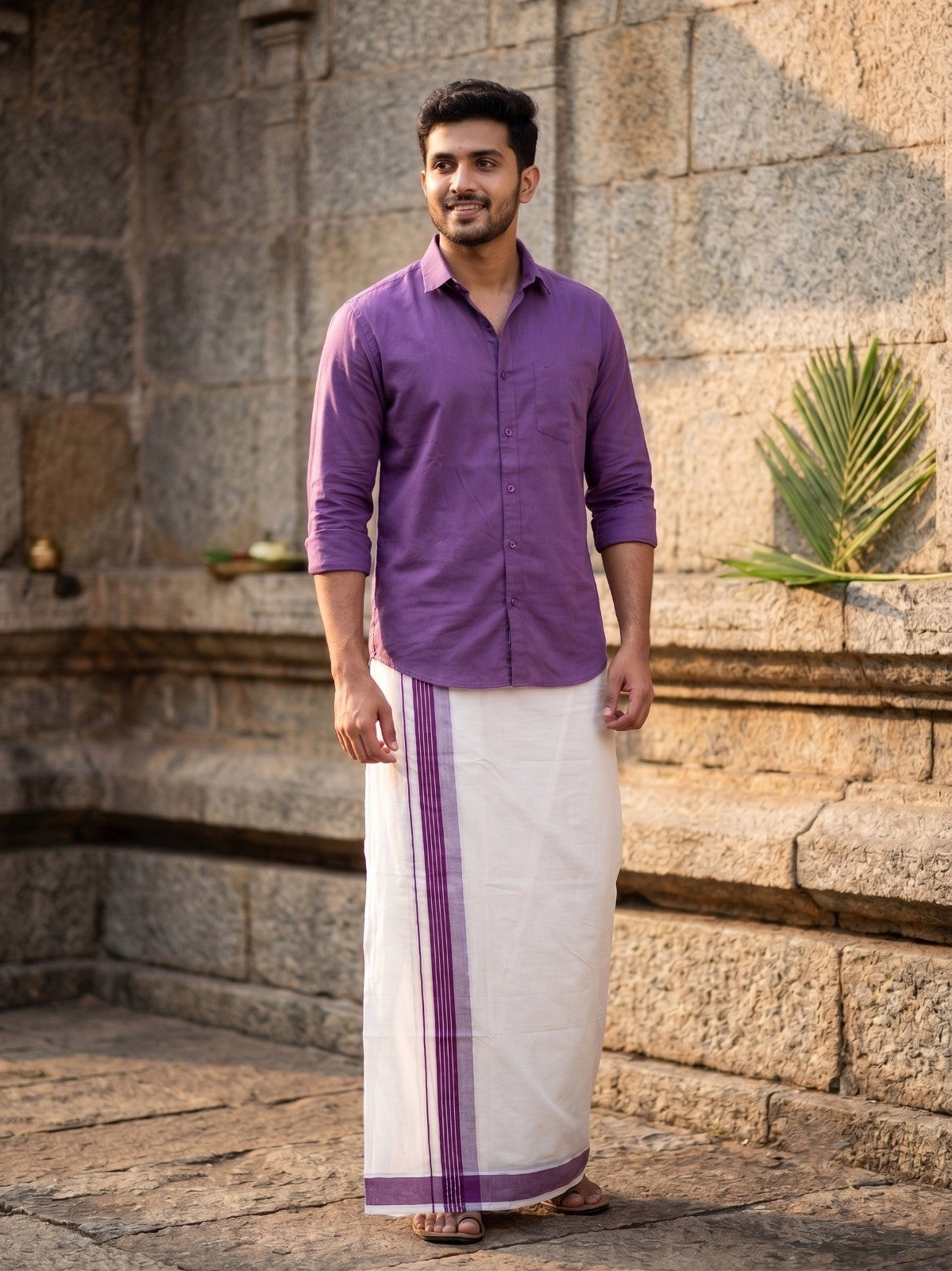Southloom Pure Cotton Mundu with Purple Border (South Indian Kerala Dhoti)
