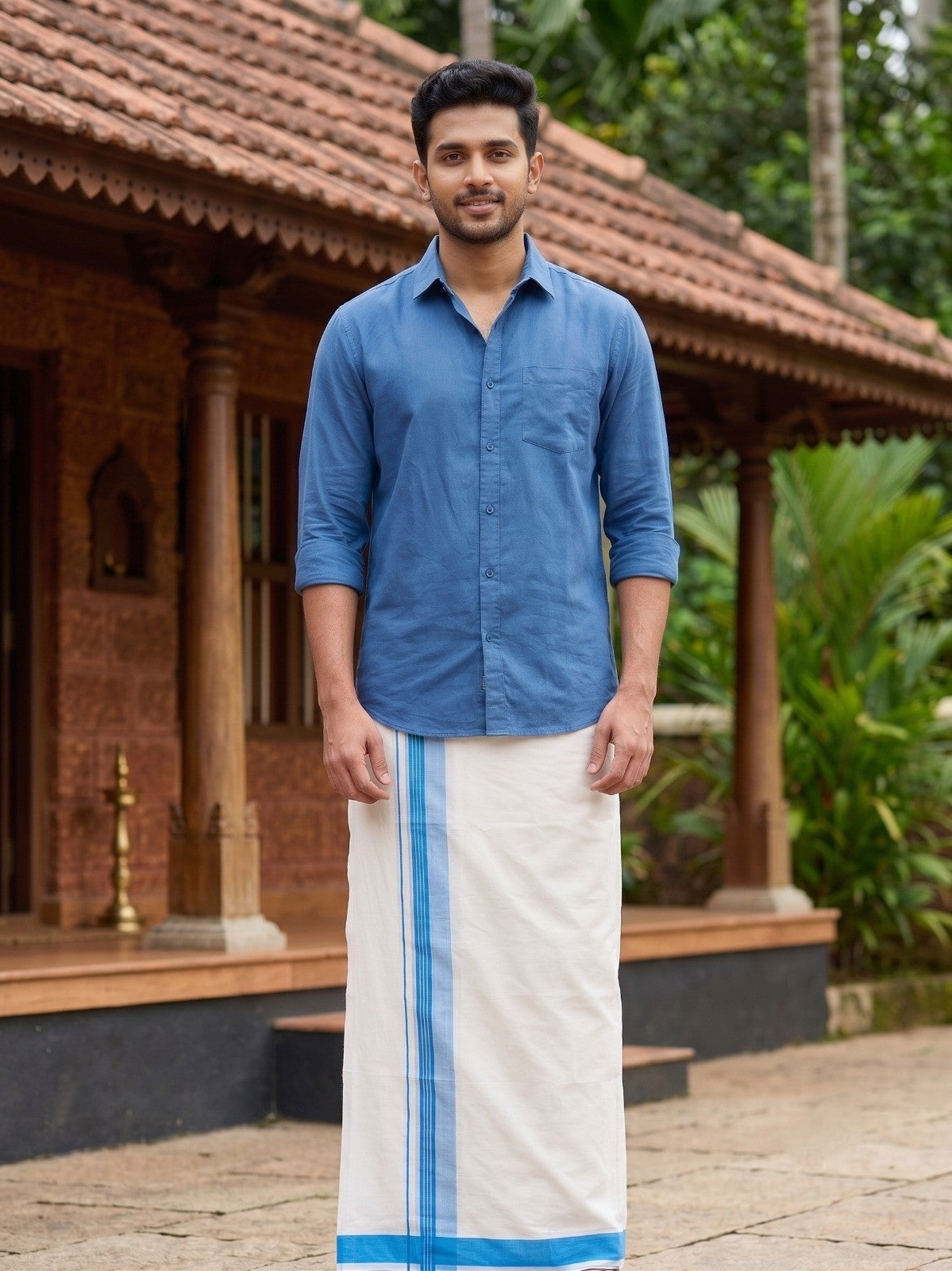 Southloom Pure Cotton Mundu with Blue Border (South Indian Kerala Dhoti)