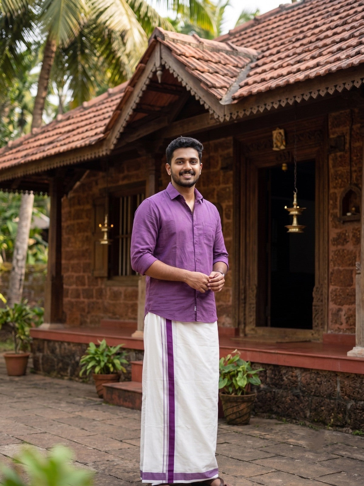Southloom Pure Cotton Mundu with Purple Border (South Indian Kerala Dhoti)