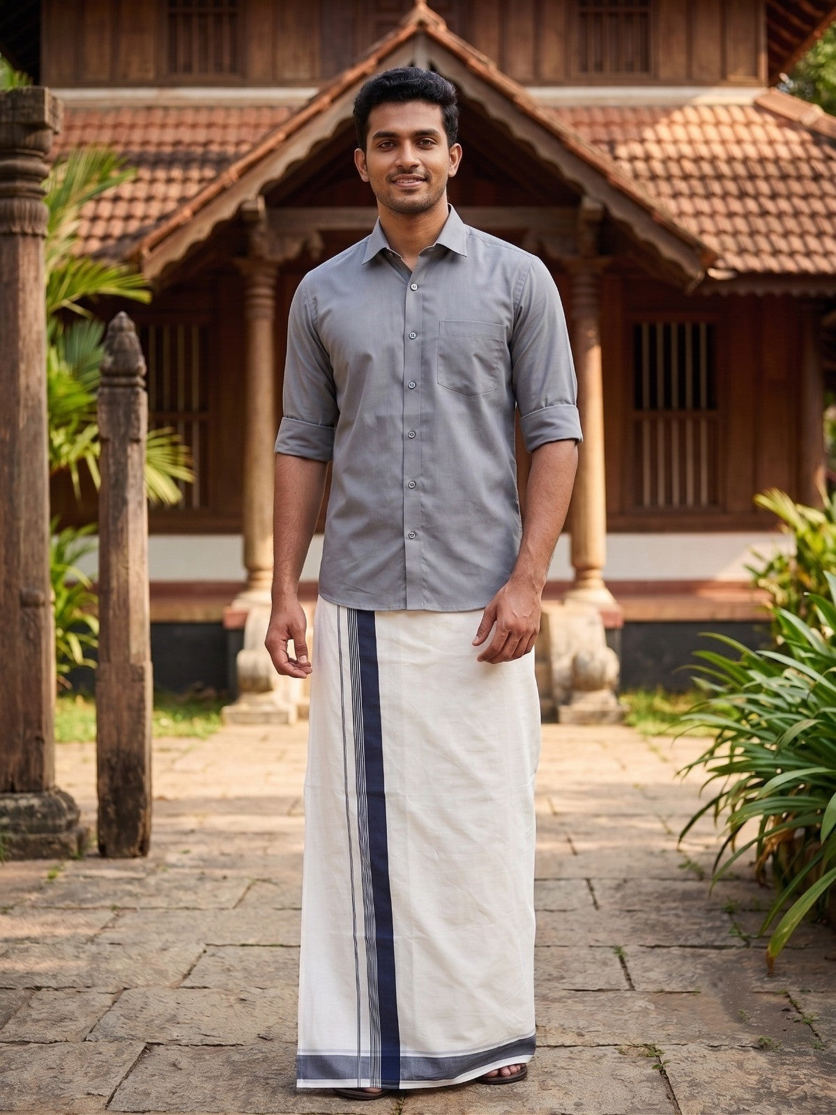 Southloom Pure Cotton Mundu with Grey Border (South Indian Kerala Dhoti)