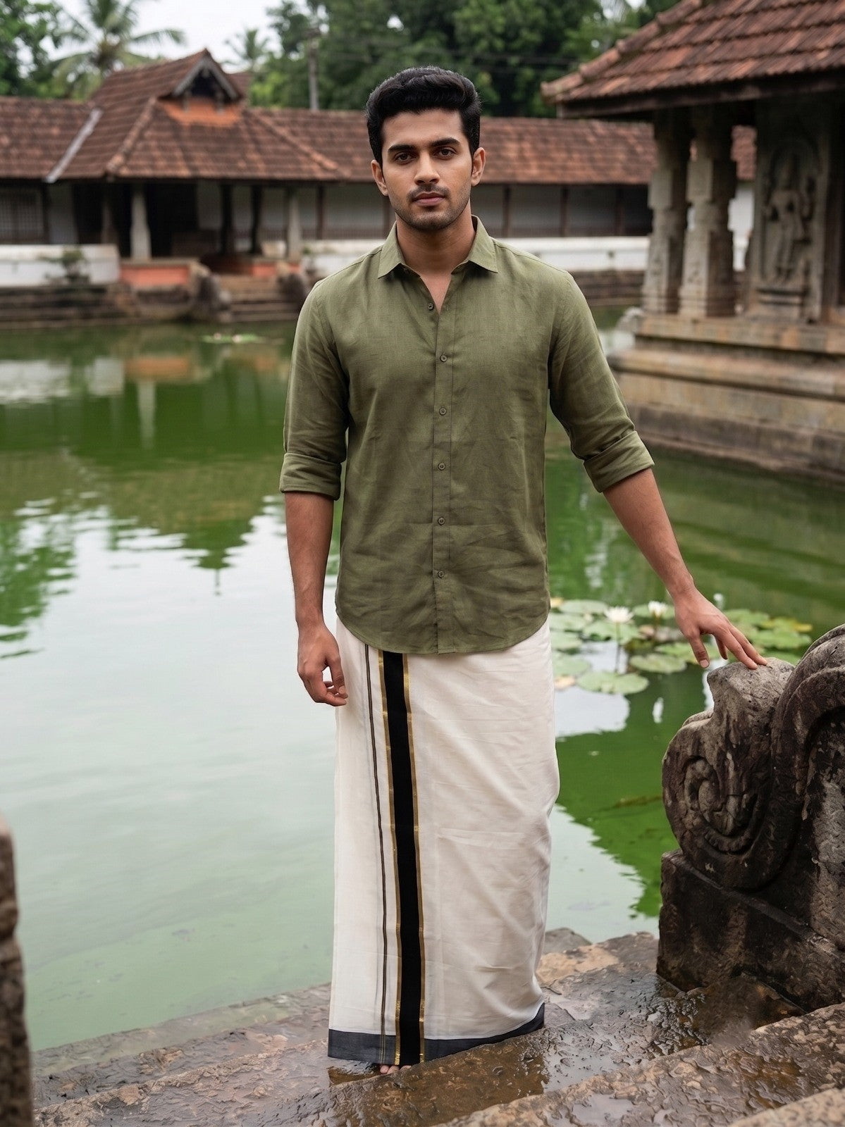 Southloom Pure Cotton Mundu with Gold Kasavu and Olive Green Colour Border (South Indian Kerala Dhoti)