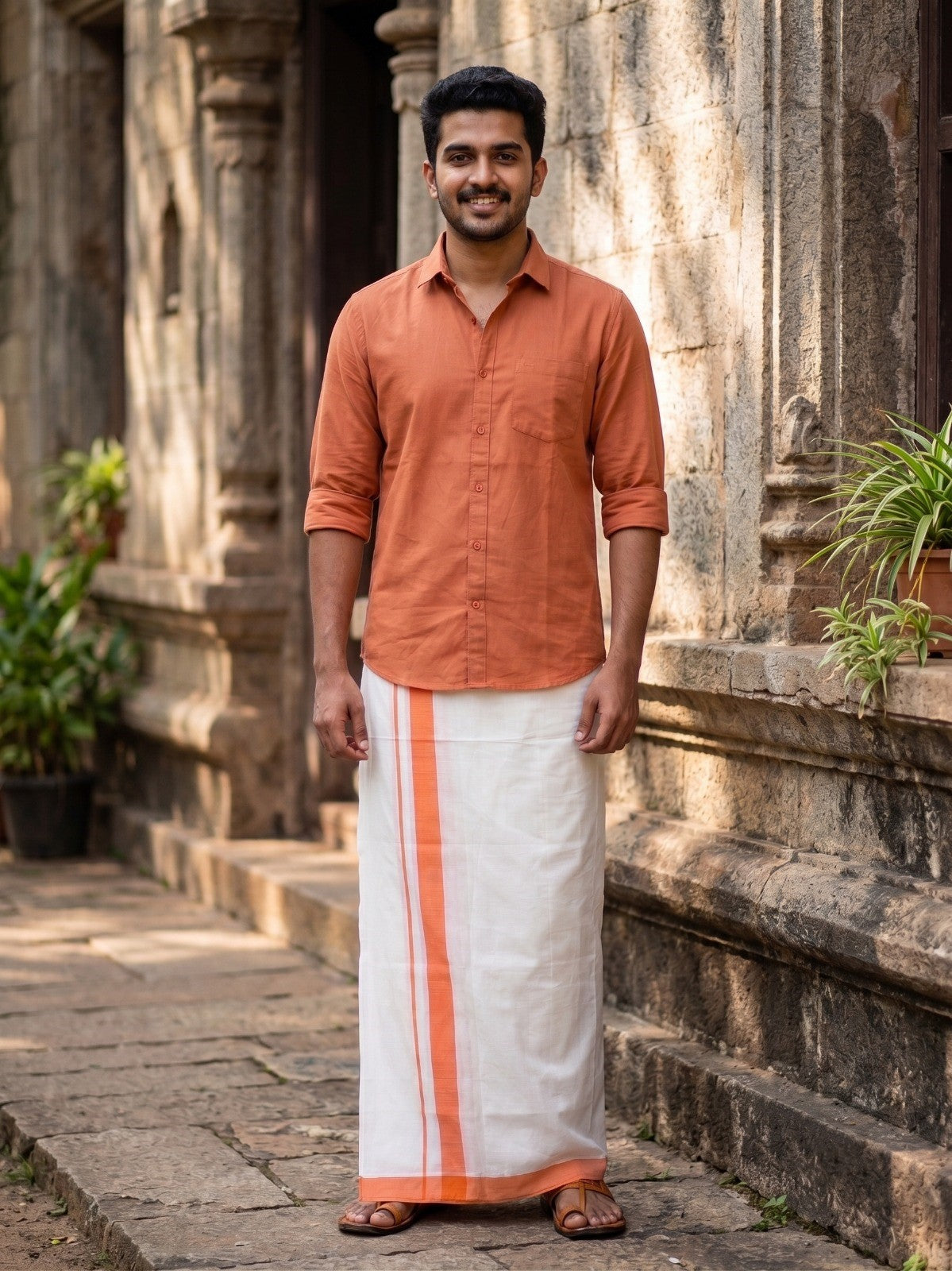 Southloom Kerala Pure Cotton Double Mundu with Orange Border (South Indian Kerala Dhoti)