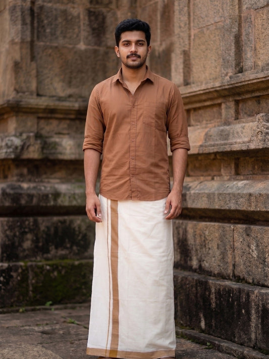 Southloom Kerala Pure Cotton Double Mundu with Brown Border (South Indian Kerala Dhoti)