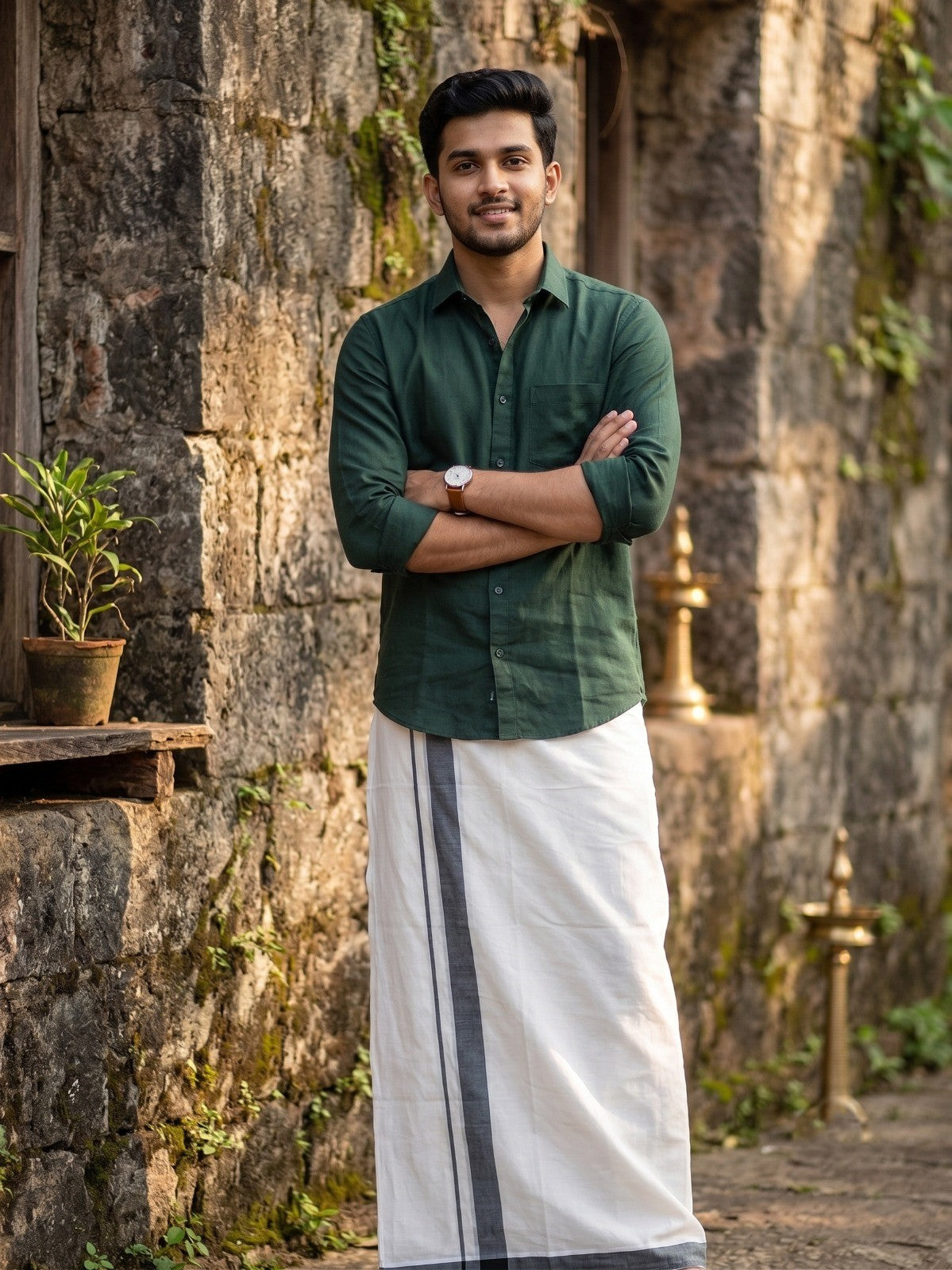 Southloom Kerala Pure Cotton Double Mundu with Dark Green Border (South Indian Kerala Dhoti)