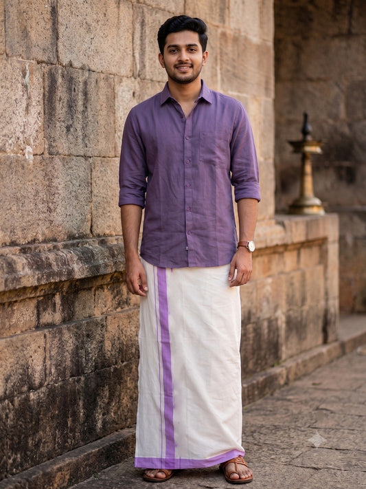 Southloom Kerala Pure Cotton Double Mundu with Lavander Border (South Indian Kerala Dhoti)