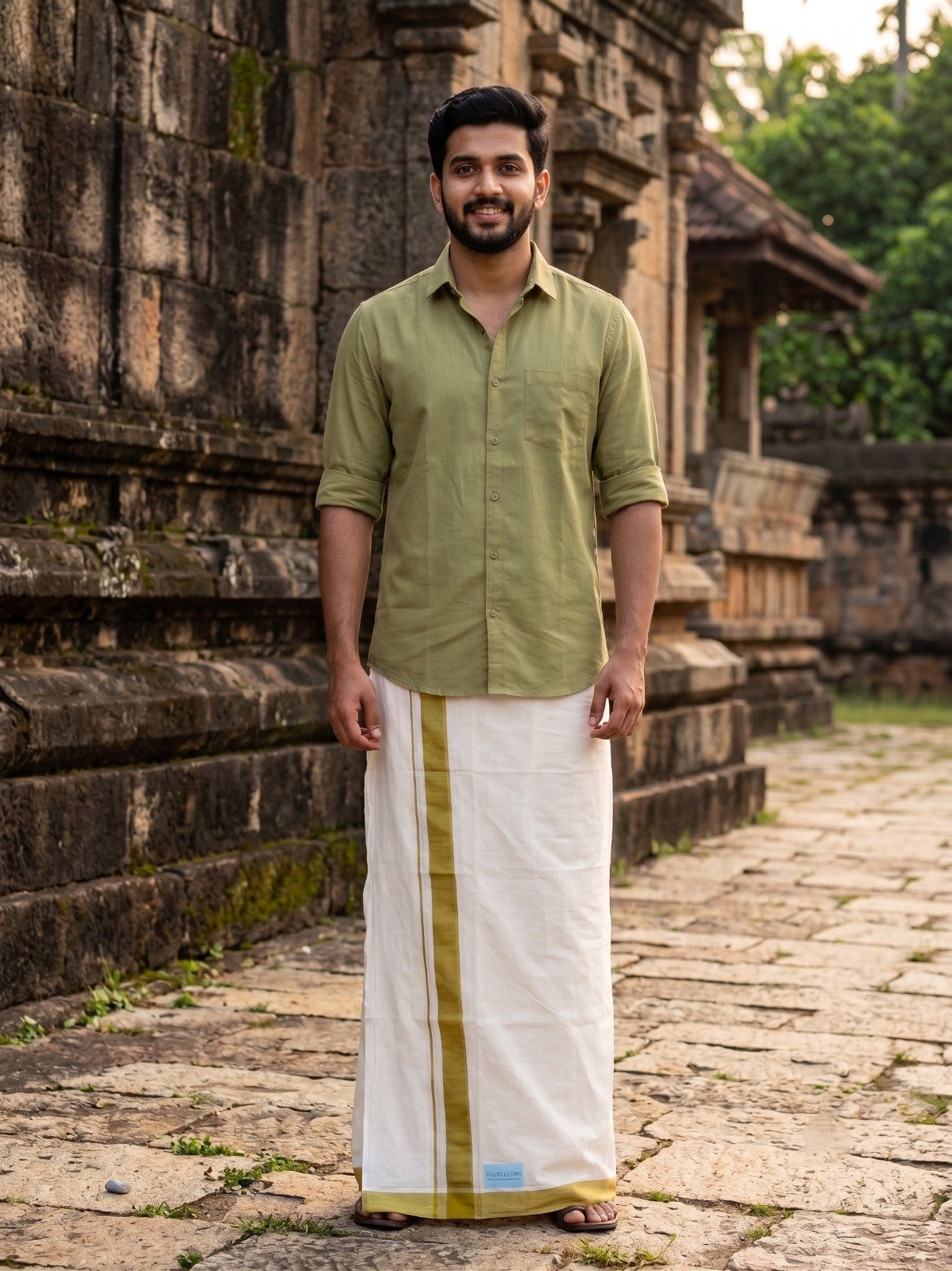 Southloom Kerala Pure Cotton Double Mundu with olive Green Border (South Indian Kerala Dhoti)