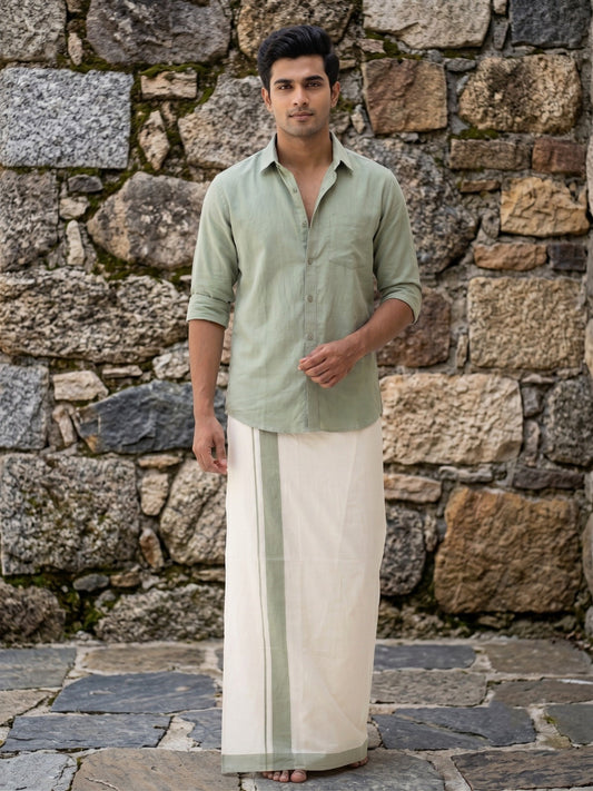 Southloom Kerala Pure Cotton Double Mundu with Pastel Green Border (South Indian Kerala Dhoti)