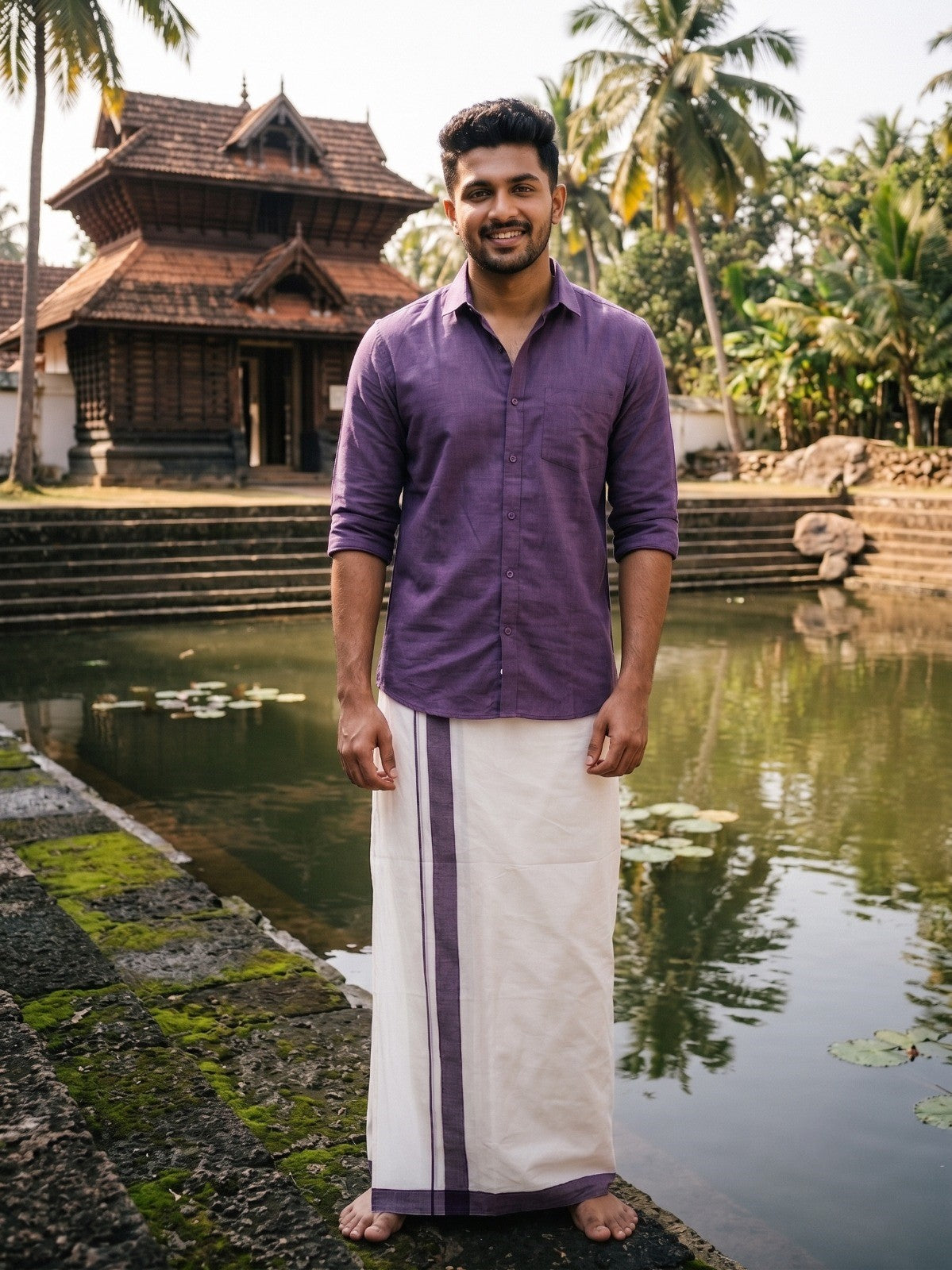 Southloom Kerala Pure Cotton Double Mundu with Purple Border (South Indian Kerala Dhoti)