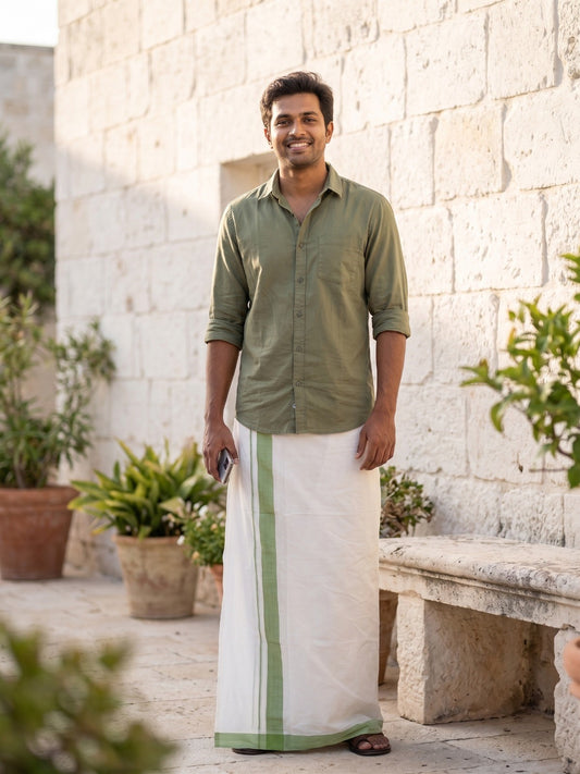 Southloom Kerala Pure Cotton Double Mundu with Green Border (South Indian Kerala Dhoti)
