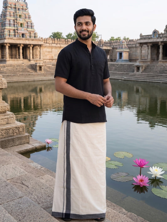 Southloom Kerala Pure Cotton Double Mundu with Black Border (South Indian Kerala Dhoti)