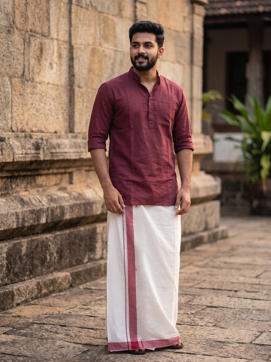 Southloom Kerala Pure Cotton Double Mundu with Maroon Border (South Indian Kerala Dhoti)