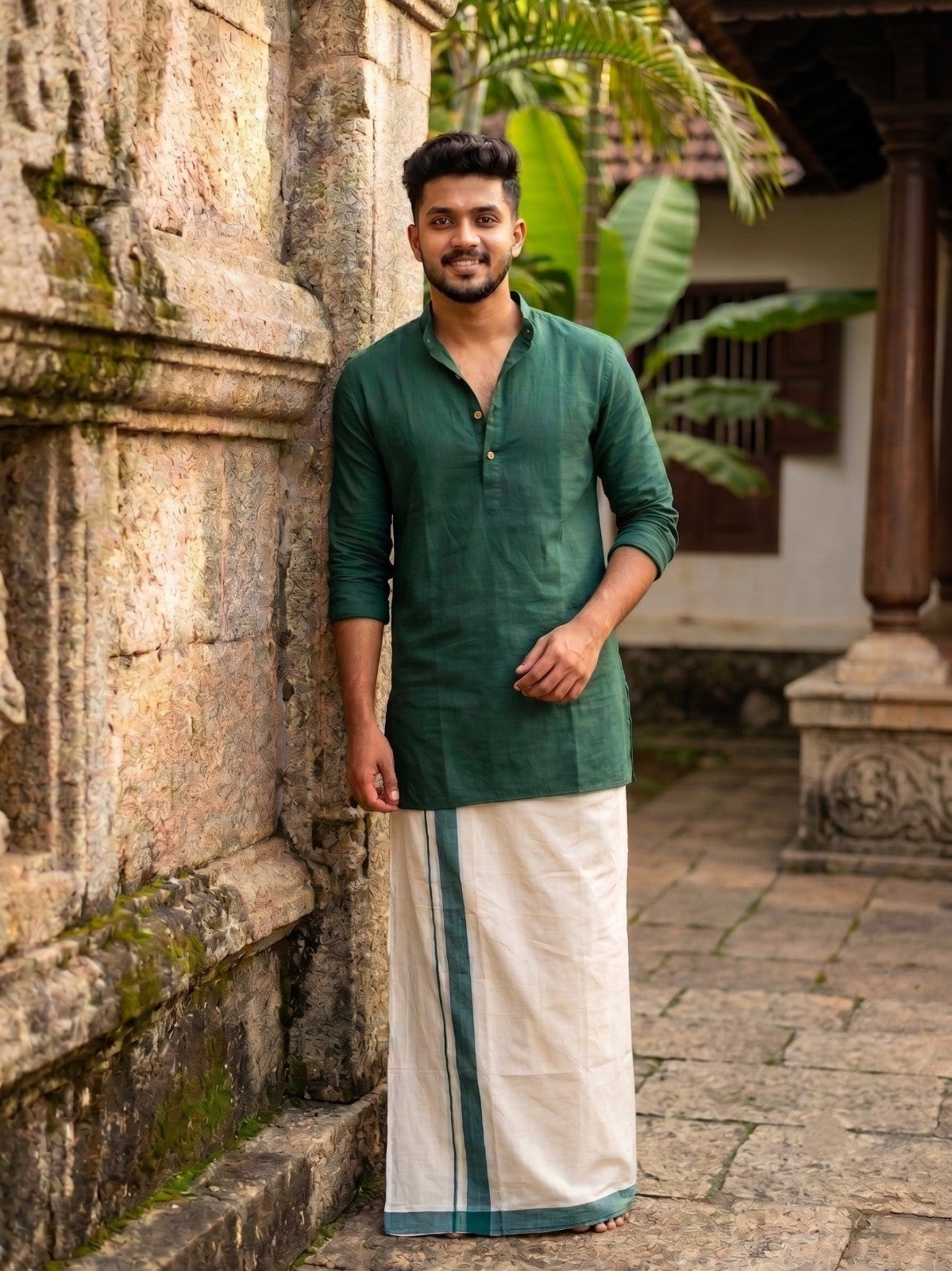 Southloom Kerala Pure Cotton Double Mundu with Green Border (South Indian Kerala Dhoti)