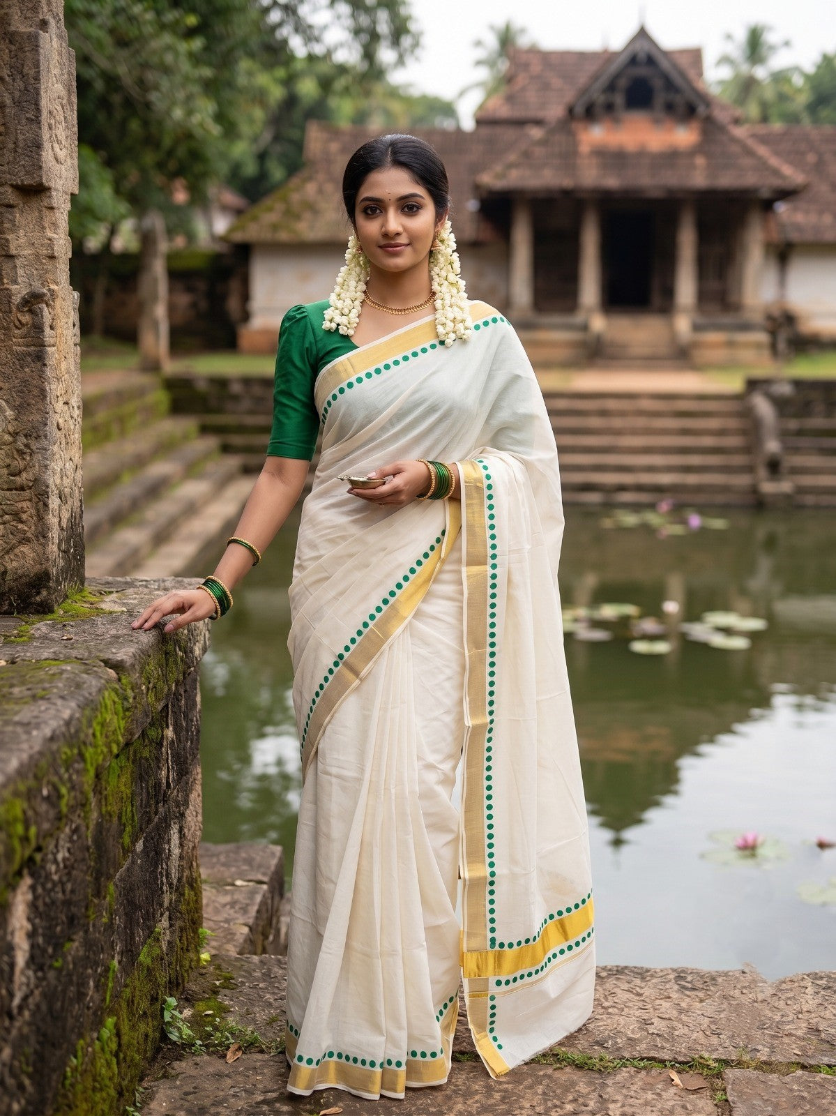 Southloom Cotton Kerala Kasavu Saree with Green Polk Dots Design Border
