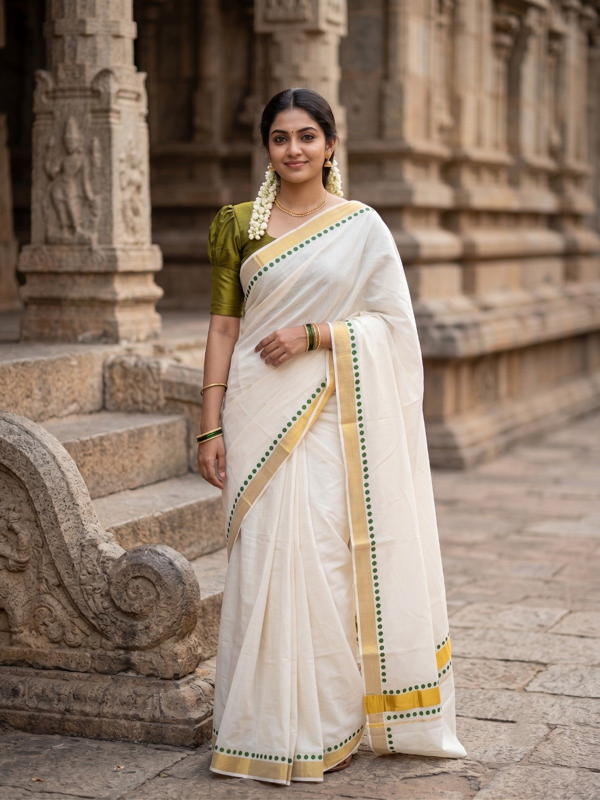 Southloom Cotton Kerala Kasavu Saree with olive Green Polk Dots Design Border