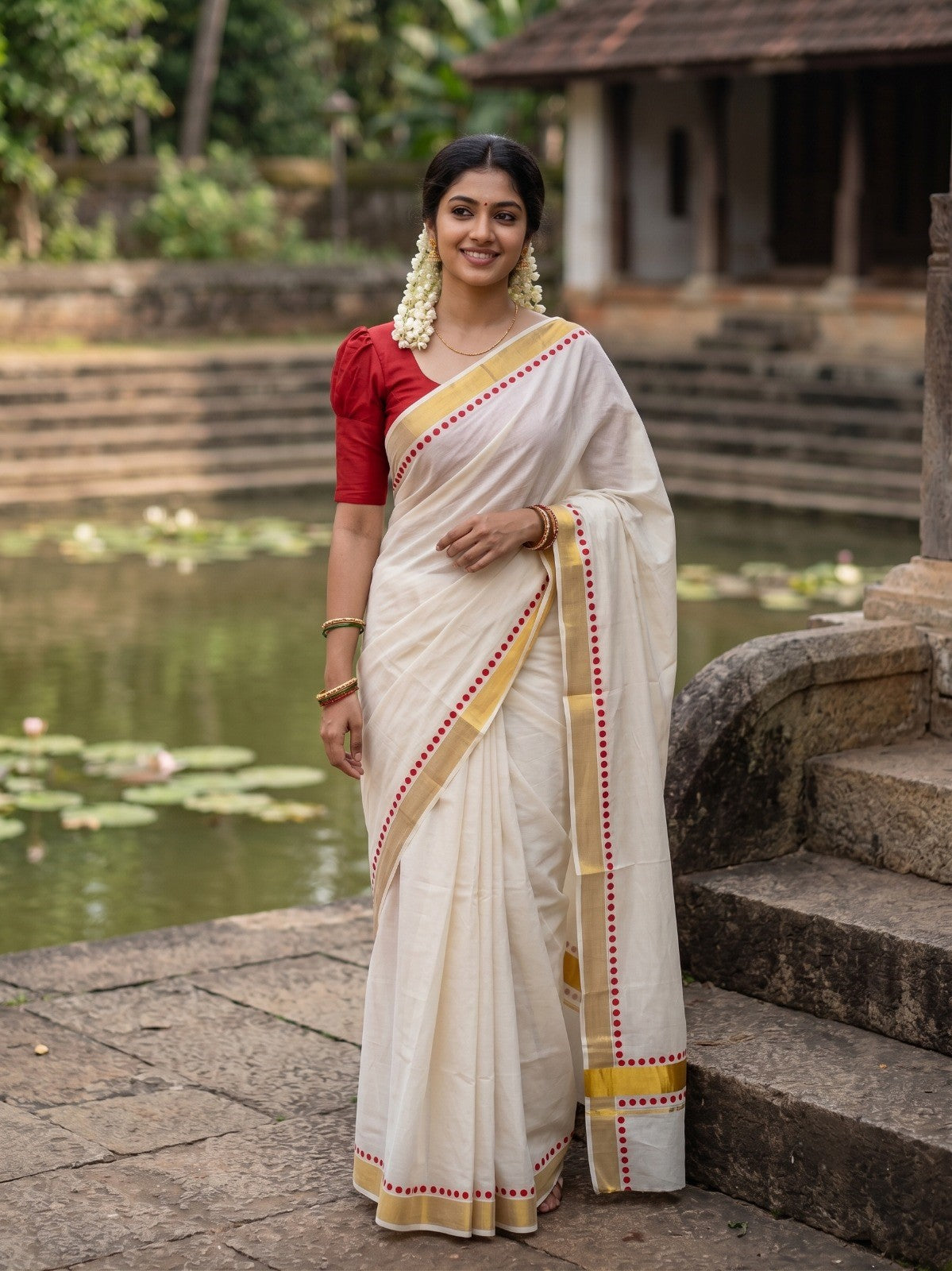 Southloom Cotton Kerala Kasavu Saree with Red Polk Dots Design Border