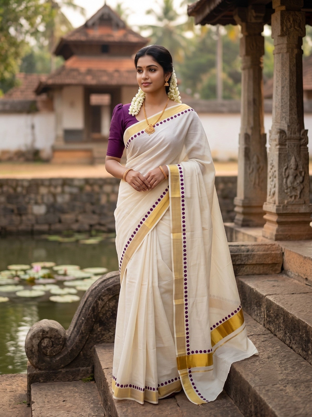 Southloom Cotton Kerala Kasavu Saree with Purple Polk Dots Design Border