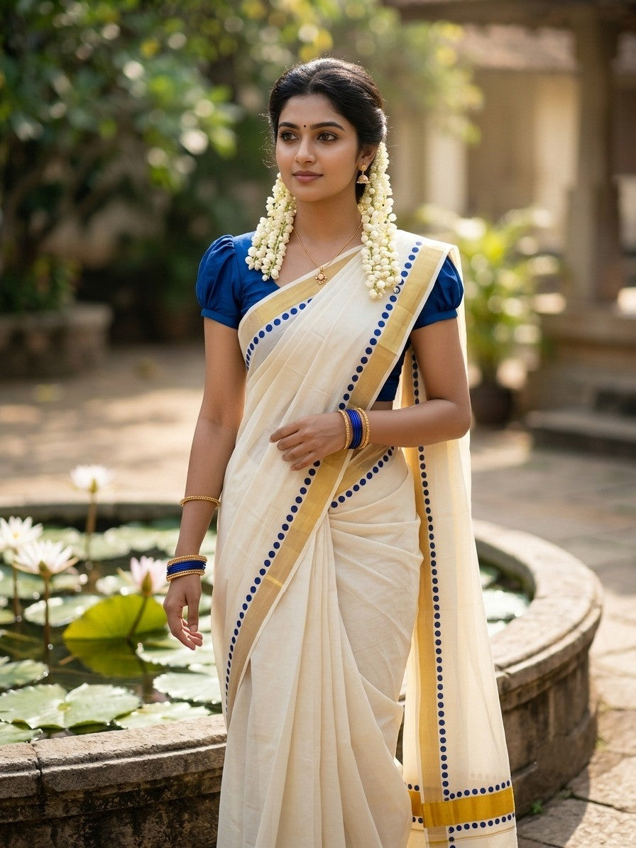 Southloom Cotton Kerala Kasavu Saree with Blue Polk Dots Design Border