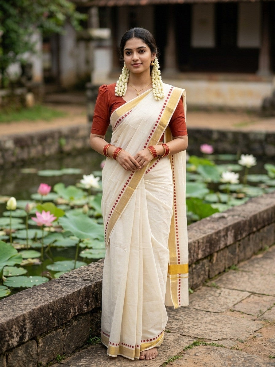 Southloom Cotton Kerala Kasavu Saree with Brike Red  Polk Dots Design Border