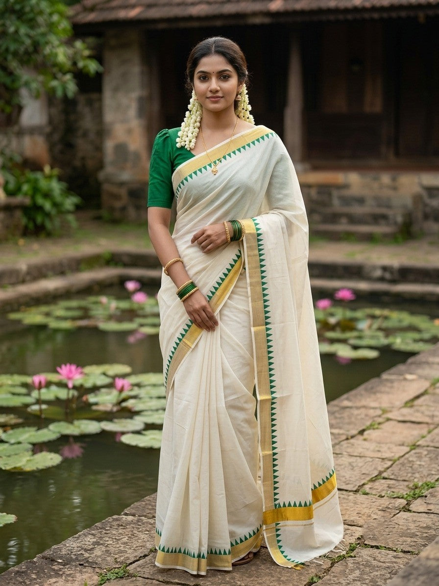 Southloom Cotton Kerala Kasavu Saree with Green Temple Design Border