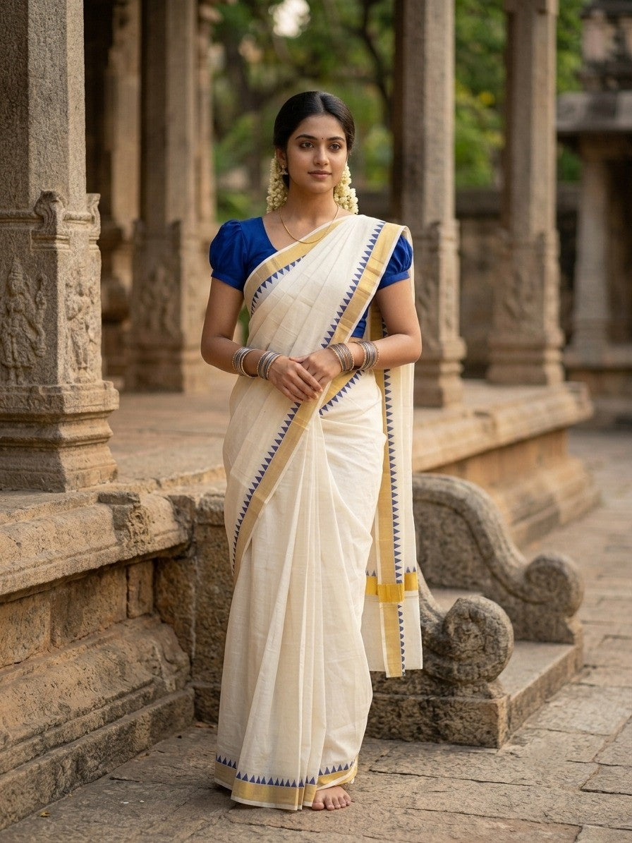 Southloom Cotton Kerala Kasavu Saree with Blue Temple Design Border