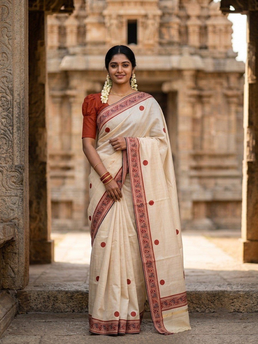 Southloom Kerala Tissue Plain Saree With  Brike Red Polk Dots on Body and Floral Digital Prints in Borders